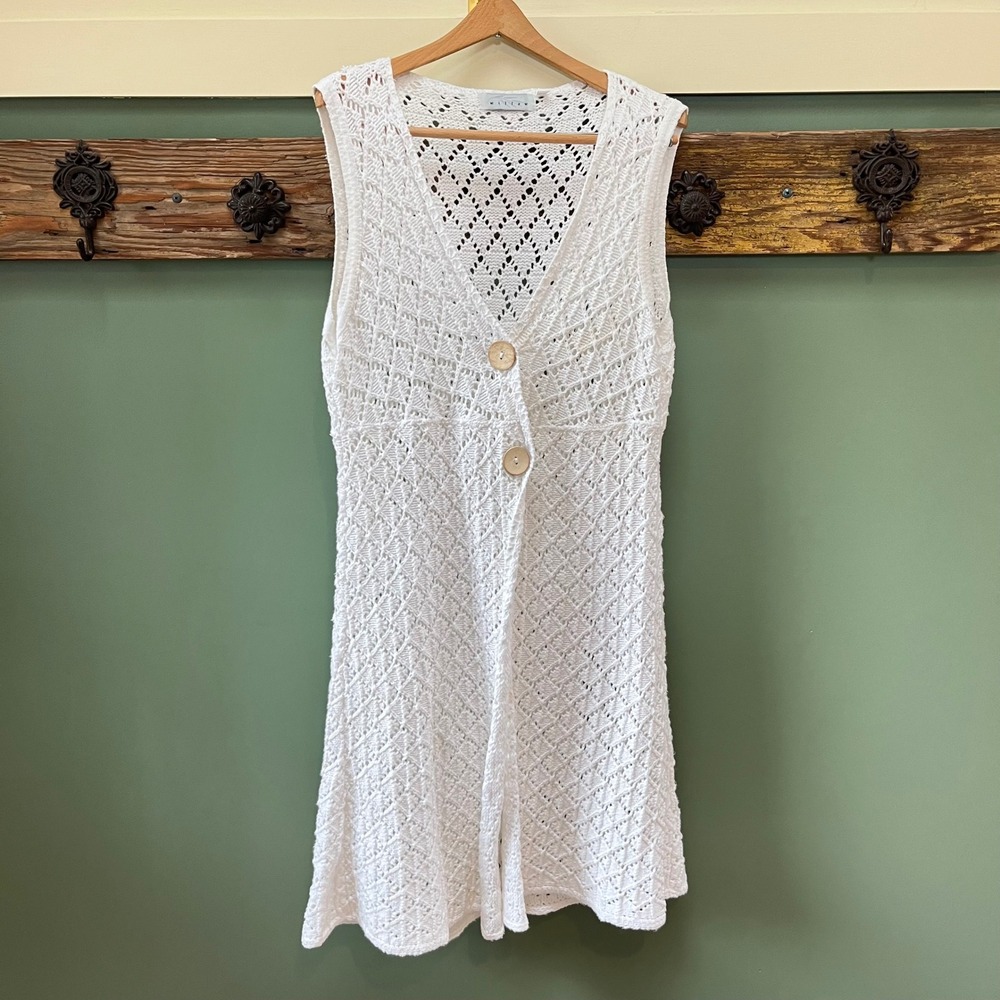 Vintage Willow Cotton Pointelle Knit Longline Vest‎ Cardigan USA Boho  Medium